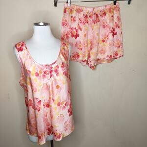 Cacique Pajama Lounge Set 100% Silk Pink Floral Two Piece